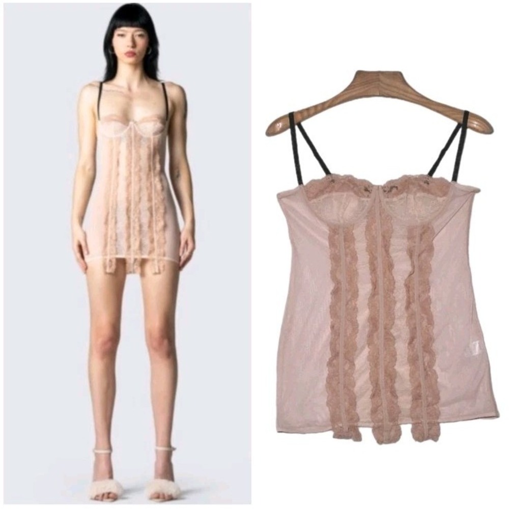 Finesse Women's Lace Mesh Lingerie Size XL Tan Bustier Corset Slip Mini Dress